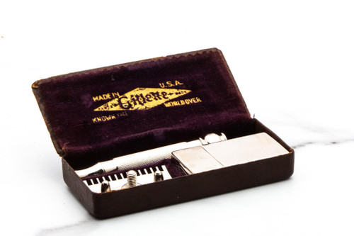 1920's Gillette Old Type Ball End Double Edge Safety Razor Set In Brown Leather Case | Original Condition
