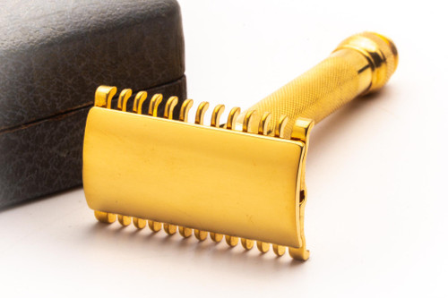 1930's Gillette NEW Ball End Long Comb Double Edge Safety Razor Set With Blue Blades | 24K Gold Revamp Copy