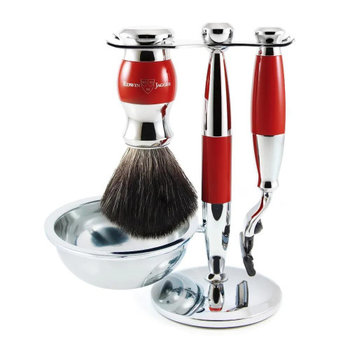 Edwin Jagger Gillette  Mach3  Razor Shaving Set Red & Chrome 4pc (Black Synthetic)
