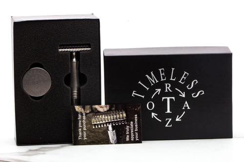 Timeless Razor | Titanium Scalloped .095mm Baseplate With Crown Handle & Stand