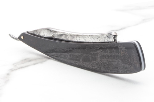 6/8" Vintage Restored Frederick's "Celebrated" Straight Razor With Custom Train Etched Scales