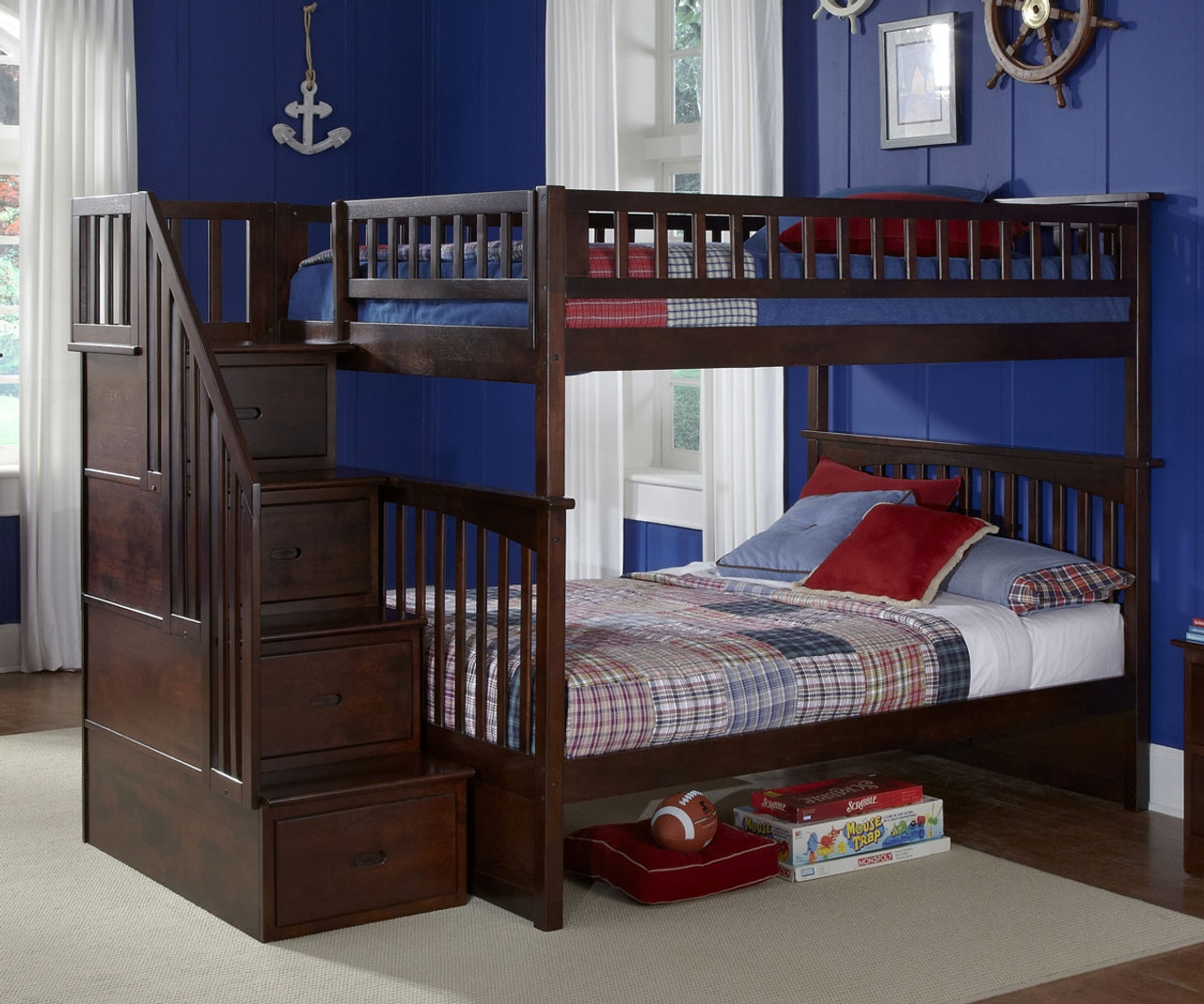 Columbia Full Bunk Bed With Staircase Antique Walnut Kfw