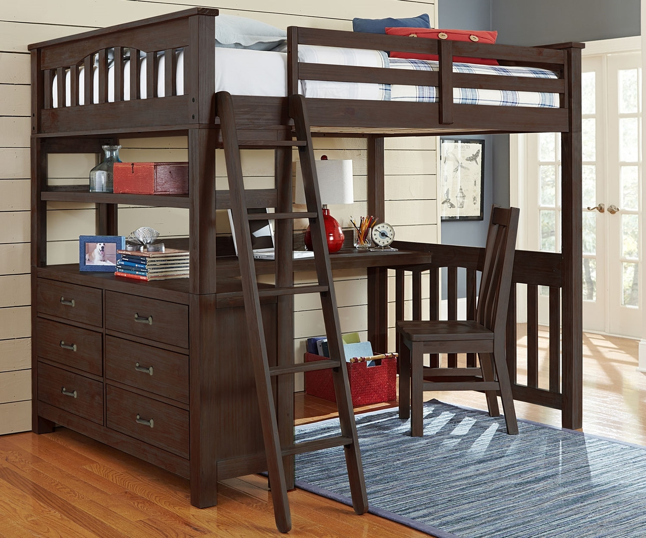 wood full size loft bed with desk