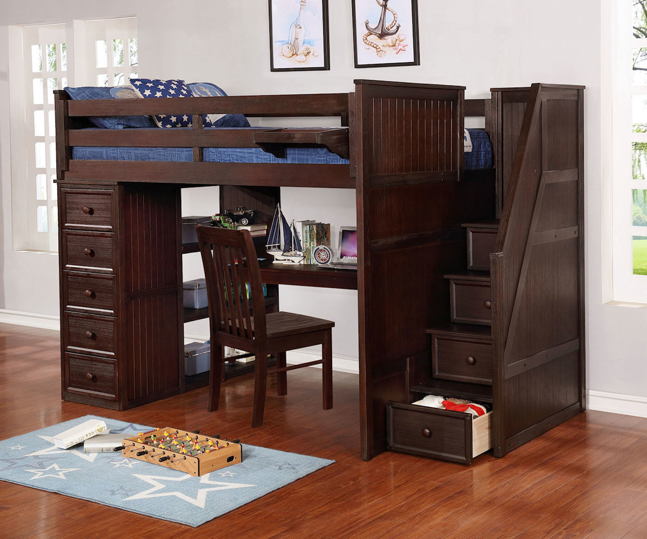 Multifunction Full Size Loft Bed with Desk in Weathered Espresso 