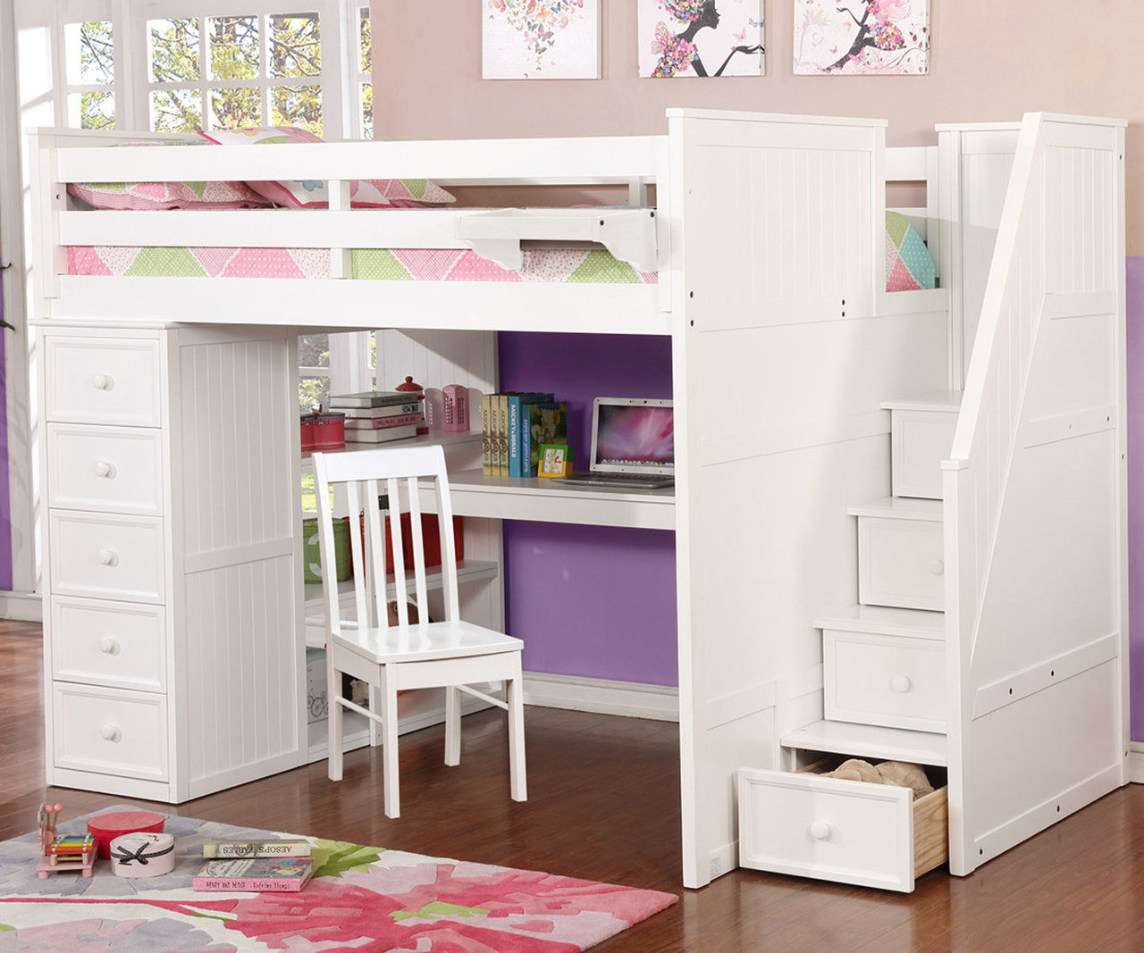 Multifunction Full Size Loft Bed with Desk in White | Allen House 