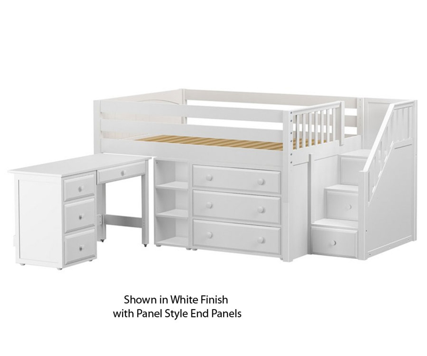 Maxtrix PERFECT Storage Low Loft Bed with Stairs & Desk Full Size White