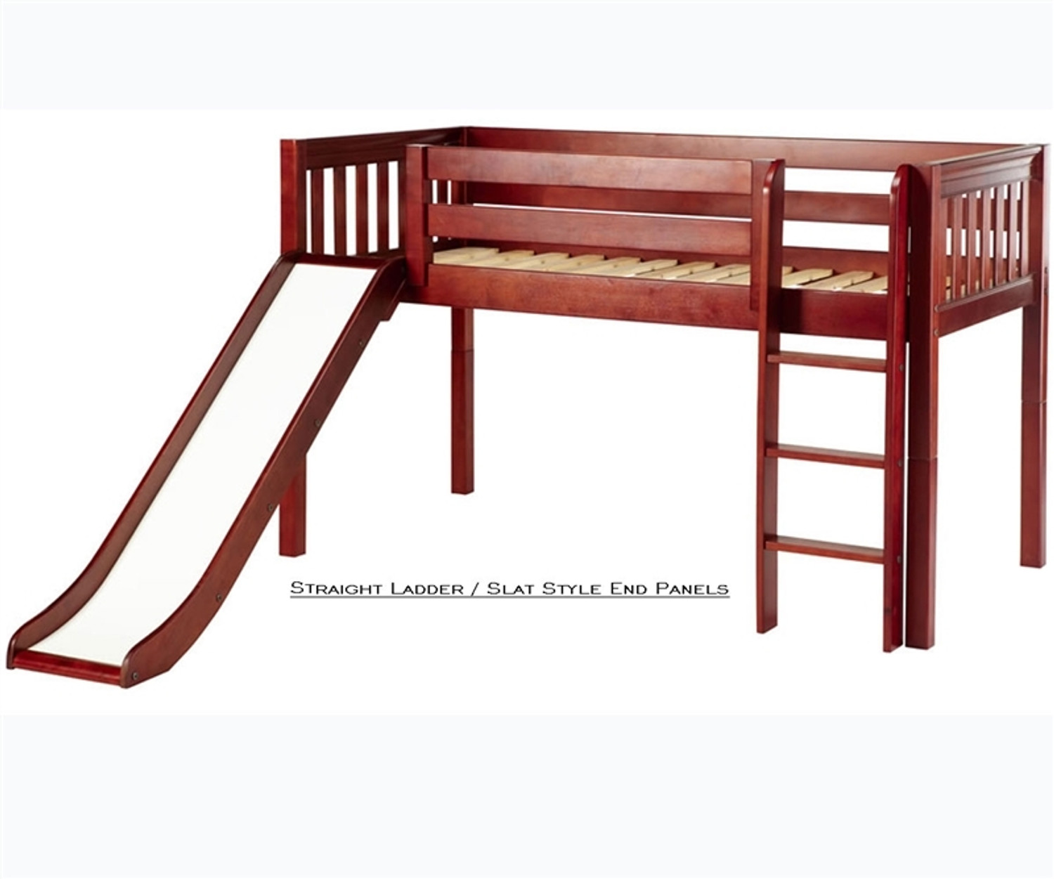 Maxtrix Low Loft Bed Chestnut with Curtains, Slide, Tower