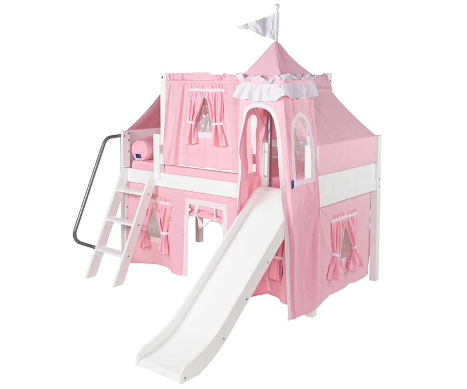 Maxtrix Low Loft Bed White with Curtains, Slide, Tower