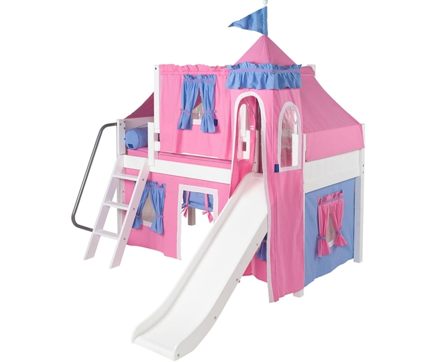 strawberry マットレス Maxtrix Low Loft Bed White with Curtains, Slide, Tower