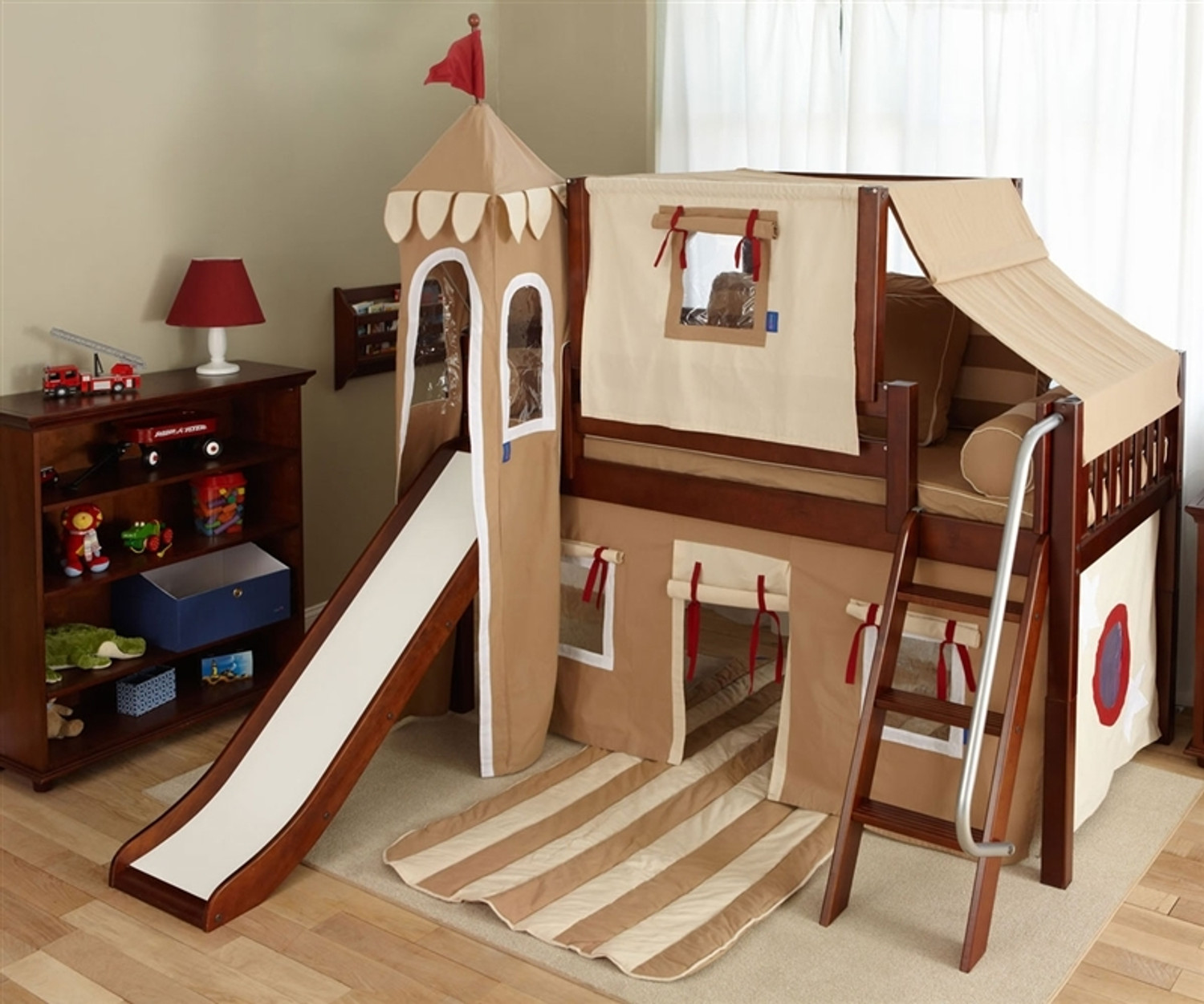 【セール】 Loft Low Maxtrix Bed Tower Slide, Curtains, with Chestnut 家具・インテリア