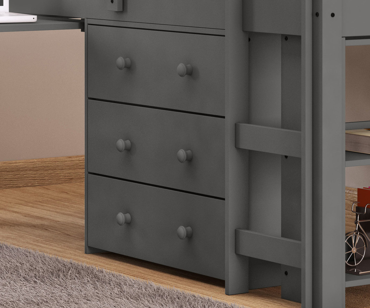 Donco Low Loft Bed with Desk and Storage Twin Size Grey