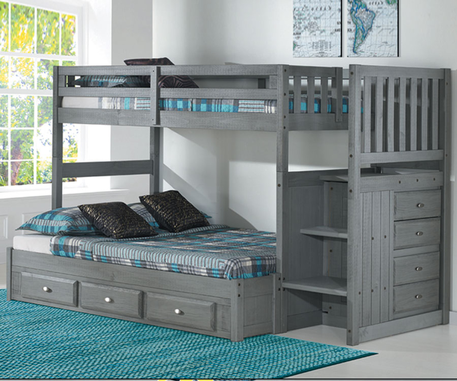 Gray bunk beds with shop stairs