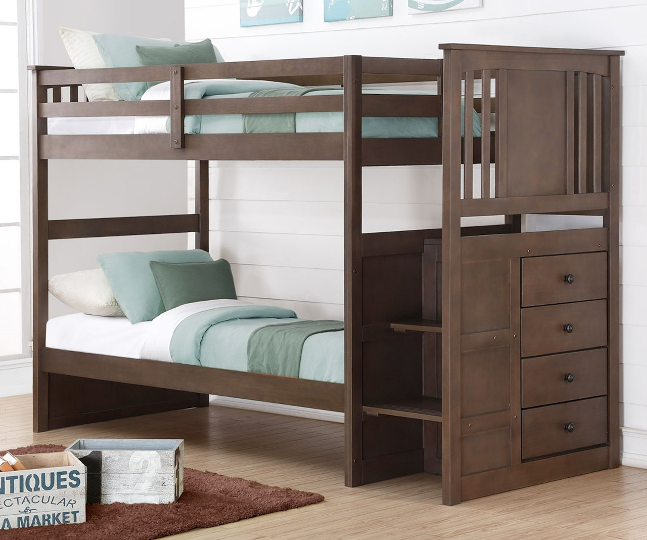 Twin over Twin Bunk Bed with Stairs Kids Furniture