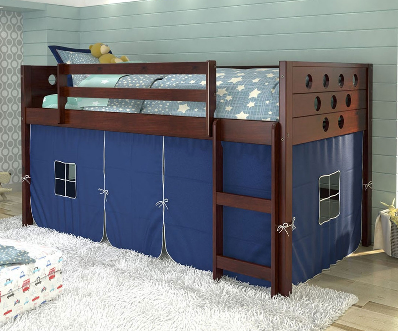 Twin Size Circles Low Loft Bed with Blue Tent in White Finish 780ATWB