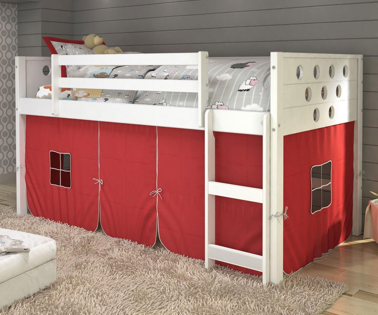 Castle Princess Low Loft Bed with slide in white, Solid Wood white Low