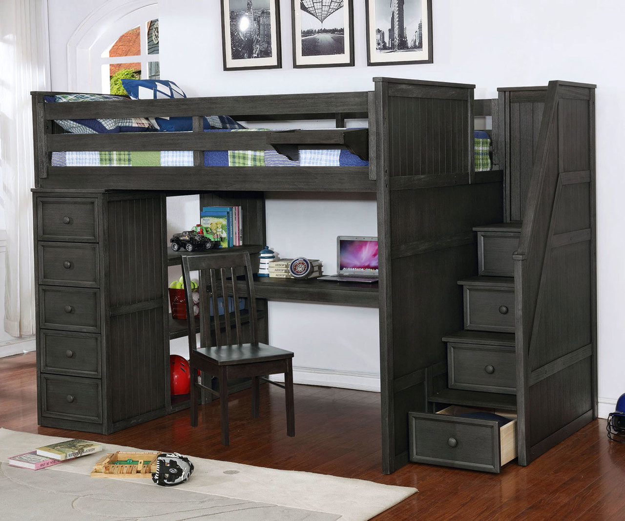 2045 Full Size Loft Bed with Desk Lakehouse collection Stone Finish
