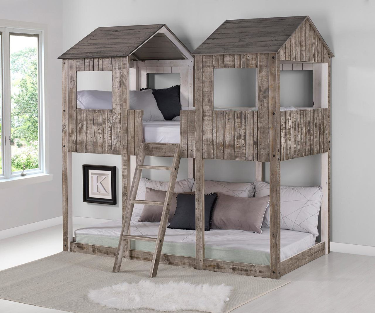 Twin over Twin Deer Blind Bunk Loft Bed in Light Grey Finish 1370TTLG Donco Trading Solid