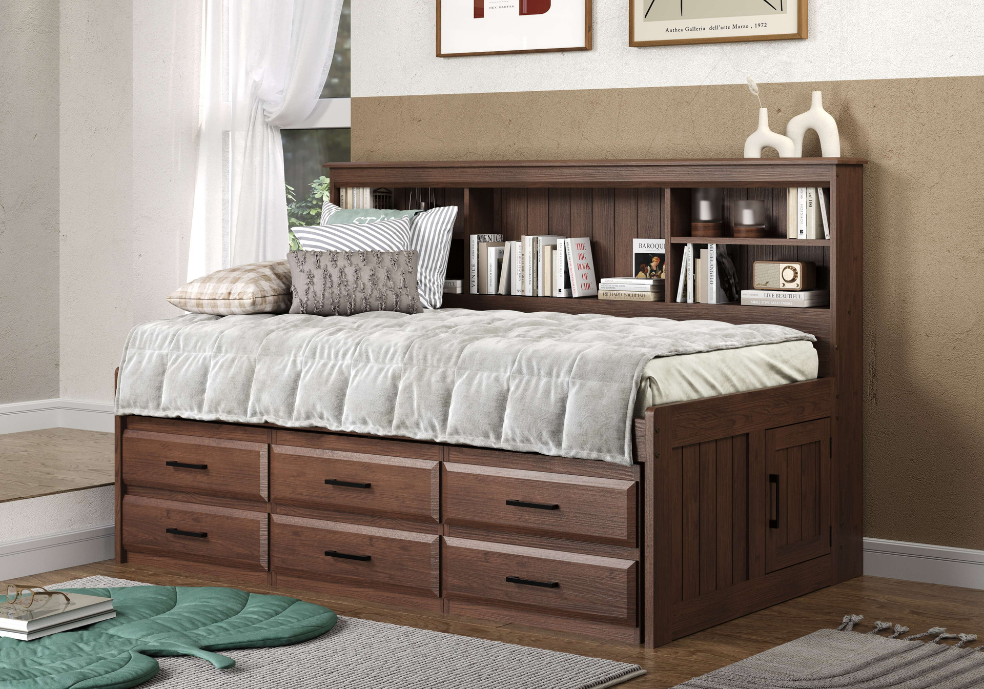 Walnut Twin Size Bookcase Captain #39 s Day Bed with 6 Drawers Kids