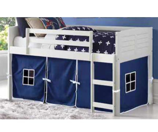 Twin Size Circles Low Loft Bed with Blue Tent in White Finish 780ATWB