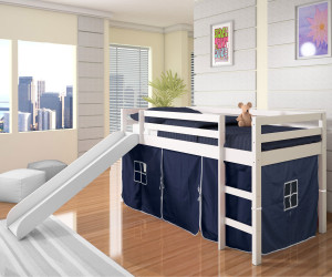 Low Loft Bed with Blue Tent & Slide White | Donco Trading | DT750WTB