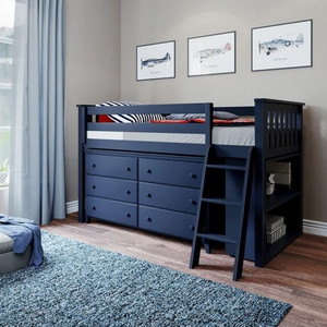 Jackpot Low Loft Bed with Dresser and Bookcase Blue