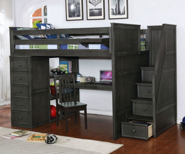 Allen House Study Loft Bed with Stairs Full Size Weathered Dark Gray