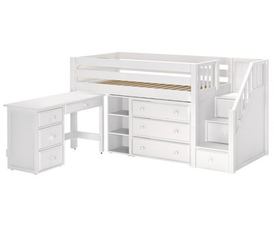Donco Low Loft Bed with Desk and Storage Twin Size White