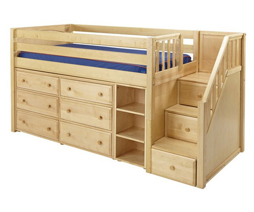 Maxtrix GREAT Storage Low Loft Bed with Stairs Twin Size Natural | Maxtrix Furniture | MX-GREAT1-NX