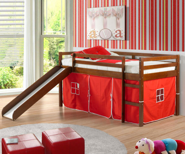 Low Loft Bed with Red Tent & Slide Espresso | Kids Furniture Warehouse