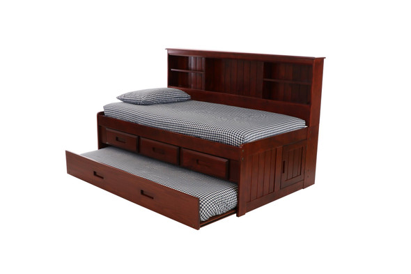 Merlot Twin Size Bookcase Captain's Day Bed with Trundle