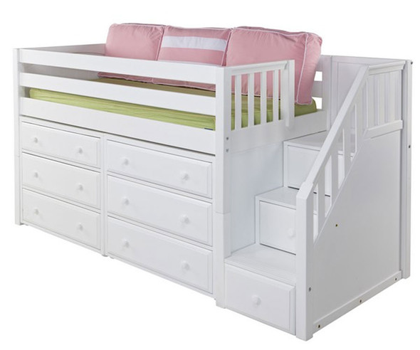 Maxtrix GREAT Storage Low Loft Bed with Stairs Twin Size White 1 | Maxtrix Furniture | MX-GREAT3-WX