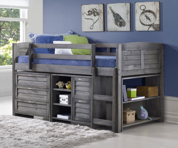 Louver Low Loft Bed with Chests and Bookcase Antique Grey | Donco Trading | DT-790AAG-Config-A