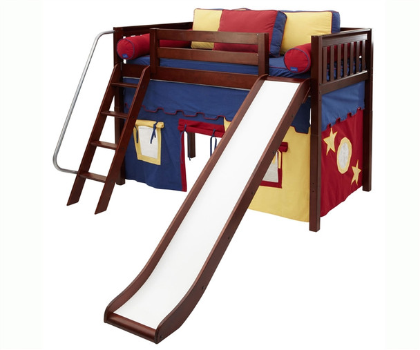Maxtrix Mid-Height Loft Bed with Slide and Curtains - Chestnut | Matrix Furniture | MX-AWSOME-CX