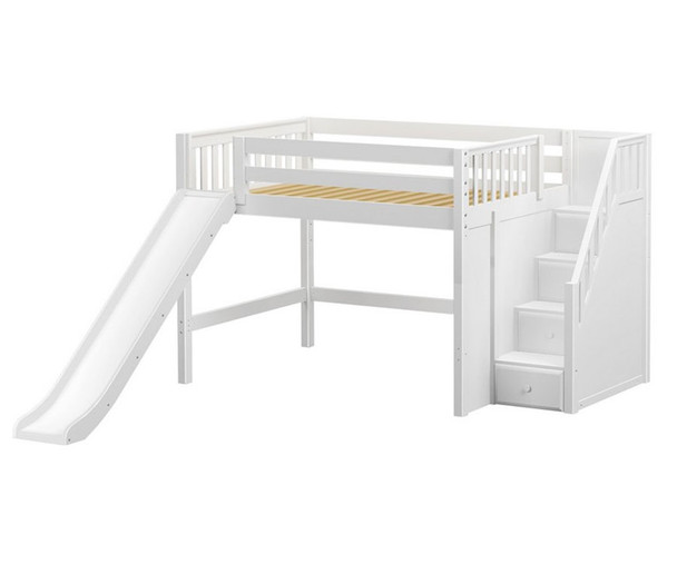 Maxtrix FINE Mid Loft Bed with Stairs and Slide Full Size White | Maxtrix Furniture | MX-FINE-WX