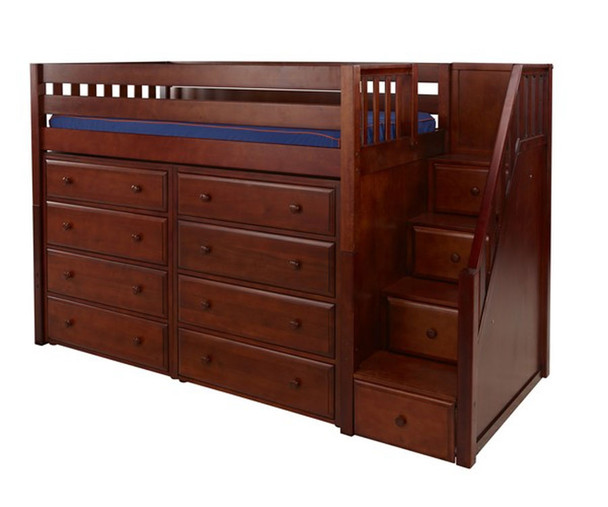 Maxtrix GALANT Mid Loft Bed with Stairs & Dressers Twin Size Chestnut | Maxtrix Furniture | MX-GALANT3-CX