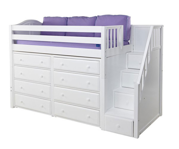 Maxtrix GALANT Mid Loft Bed with Stairs & Dressers Twin Size White | Maxtrix Furniture | MX-GALANT3-WX