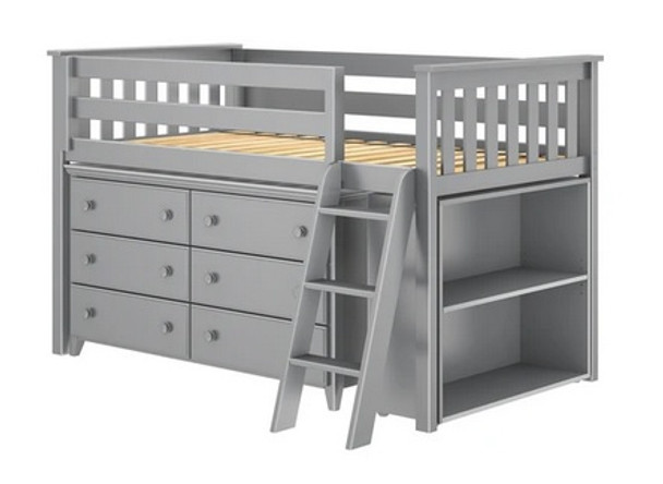 Jackpot Low Loft Bed with Dresser and Bookcase Grey