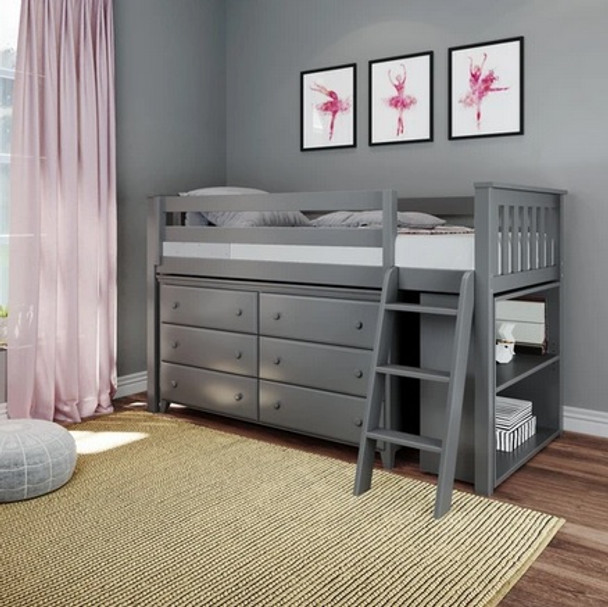 Jackpot Low Loft Bed with Dresser and Bookcase Grey