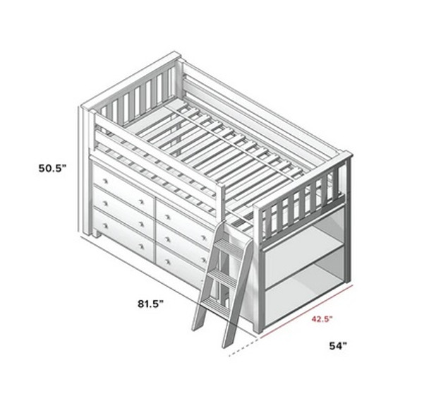 Jackpot Low Loft Bed with Dresser and Bookcase Grey