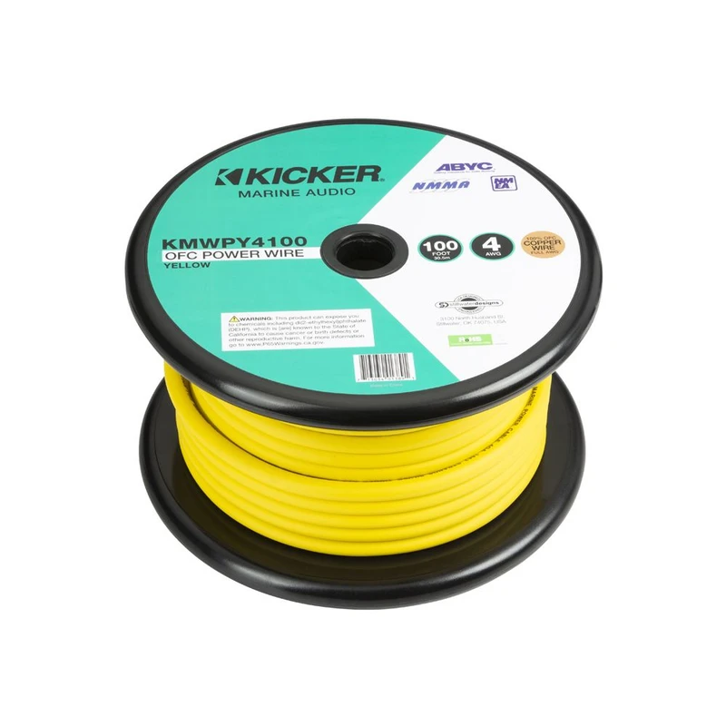 Kicker KA47KMWPY4100 Marine 4 AWG Yellow Power Cable 100ft Tinned OFC Flexible Wiring Kit