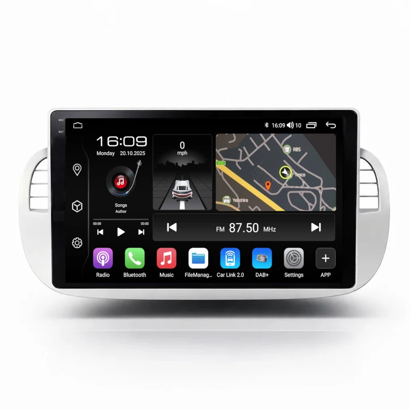 PBA FI2095W Android 2K QLED Head Unit CarPlay Auto SatNav Radio For Fiat 500 MK1 White