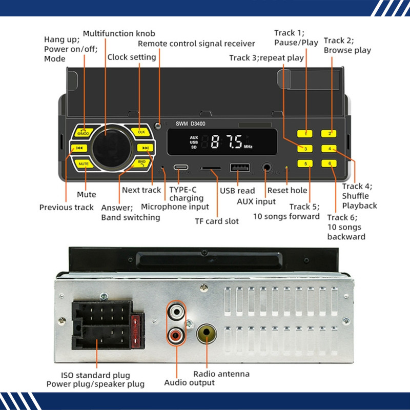 Usb Head Unit ITB SWMD3400 Single DIN Short Chassis Head Unit With AUX USB Smatphone ...