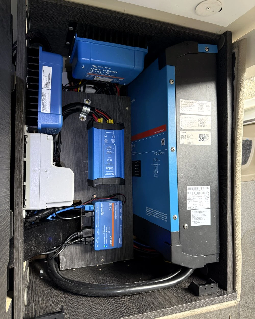 A tidy 24V Victron power system in a motorhome — MultiPlus-II 24/3000 inverter-charger, Orion-Tr DC-DC charger and Cerbo GX, installed by RV Solutions