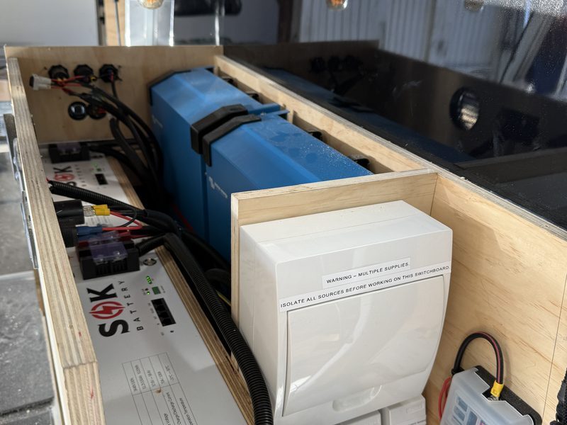 SOK 48V lithium battery bank, Victron inverter and labelled switchboard installation