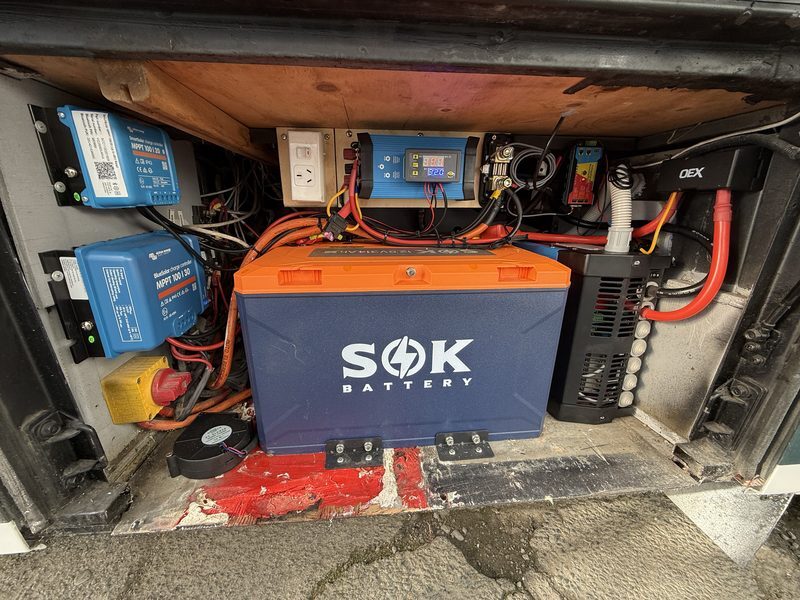 SOK lithium battery and Victron inverter system installed in an RV