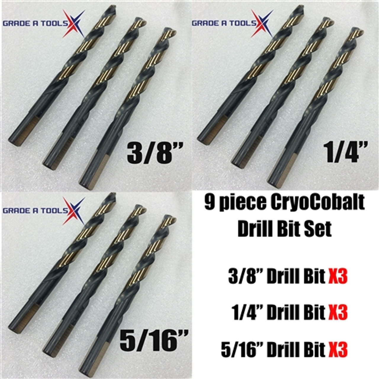 CryoCobalt Drill Bit Bundle (9 pack) 3/8", 1/4", 5/16".