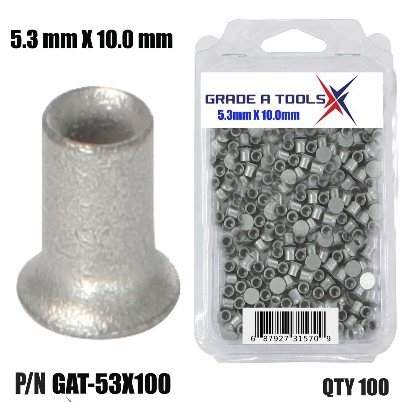 5.3mm x 10.0mm Aluminum Self Piercing Rivets, 100/Box