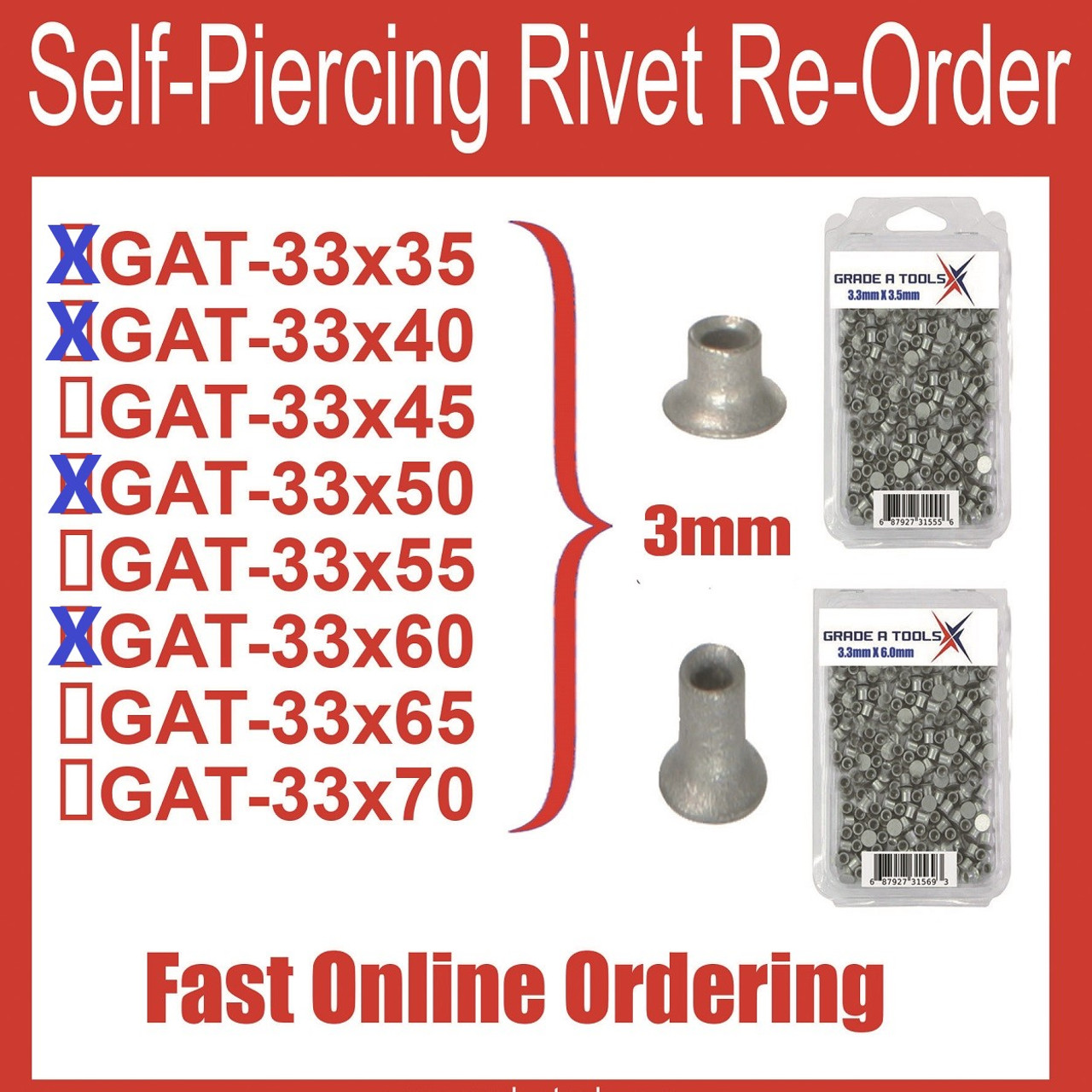 3mm  self piercing rivet kit ,  4 Sizes X 100 Each