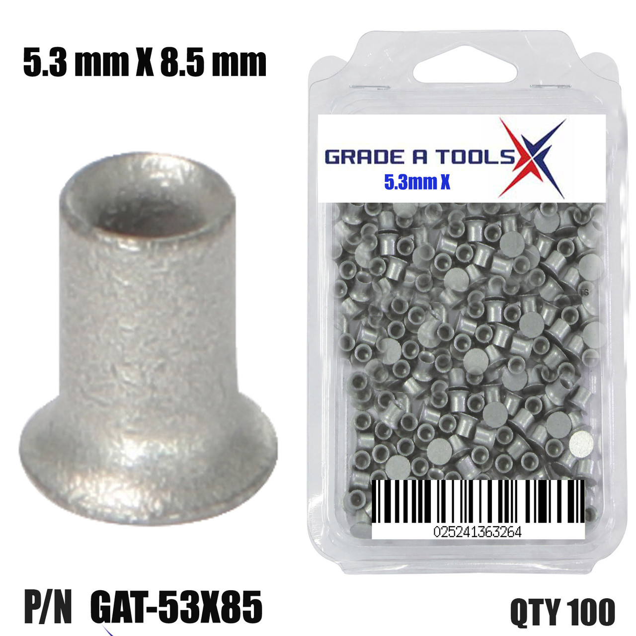 5.3mm x 8.5mm Self Piercing Rivets, 100/Box