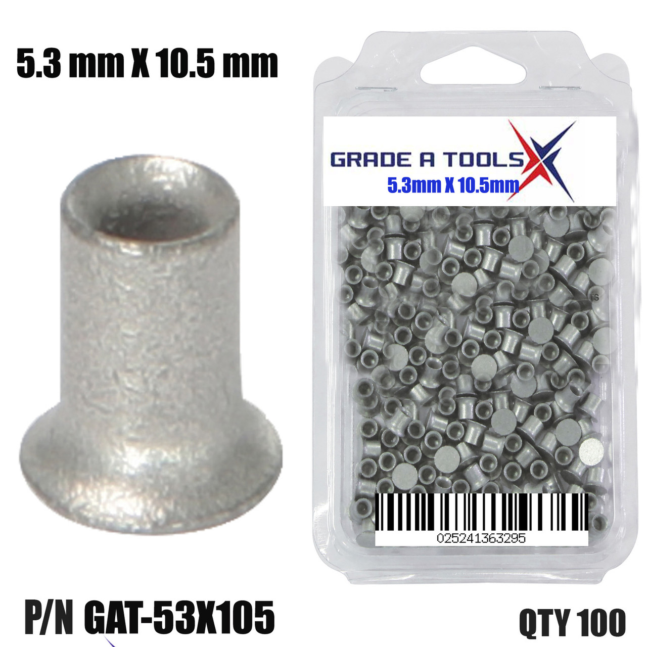 5.3mm x 10.5mm Self Piercing Rivets, 100/Box